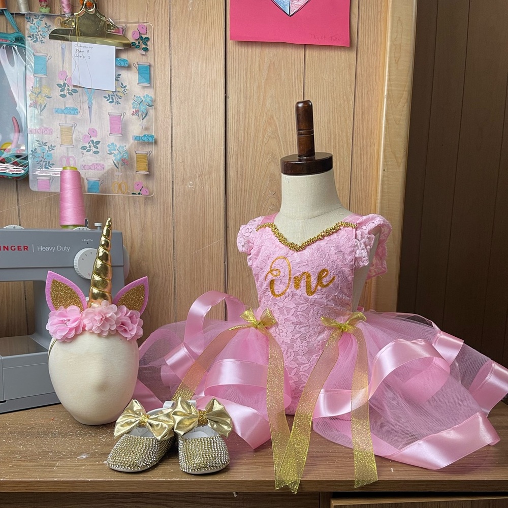 Pink Lace Dress with Gold Details